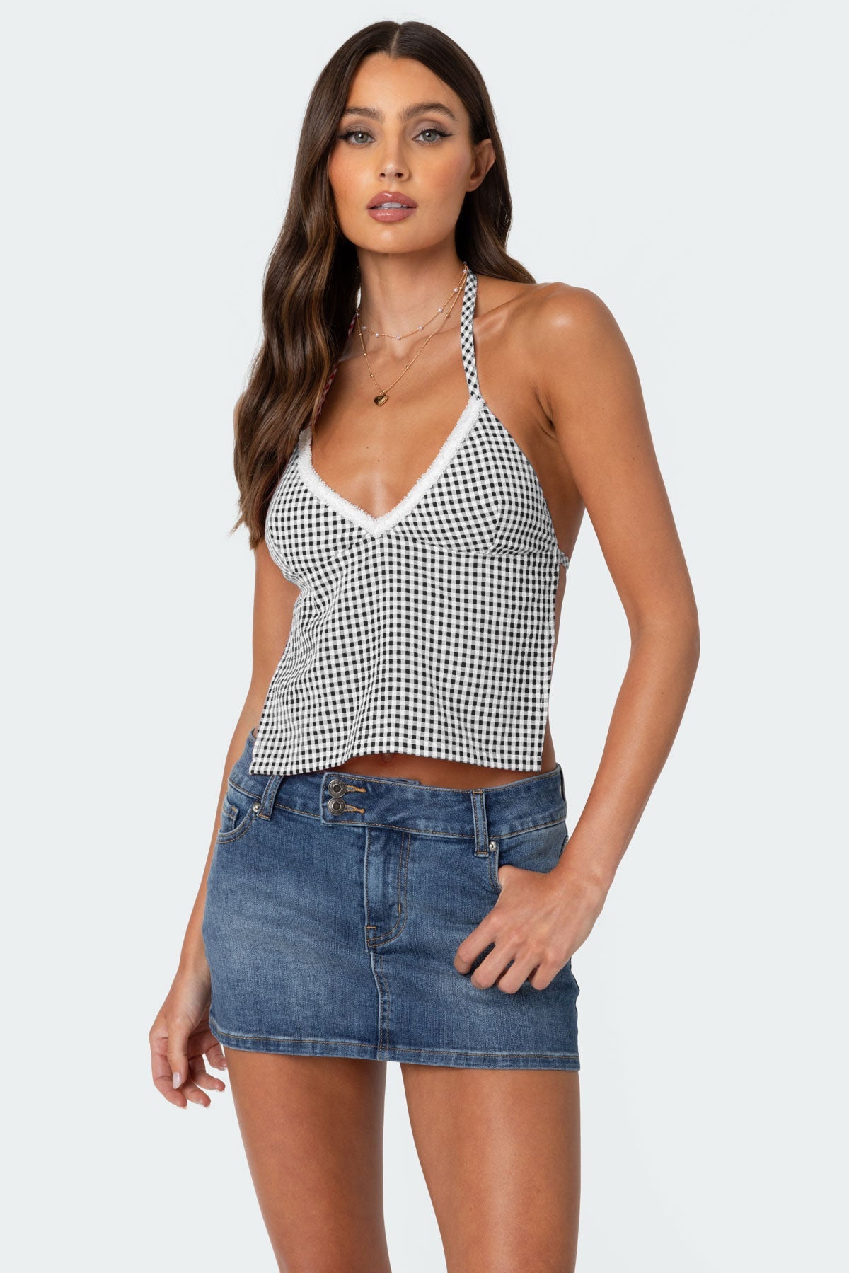 Gingham Backless Halter Top with Lace Trim Detail