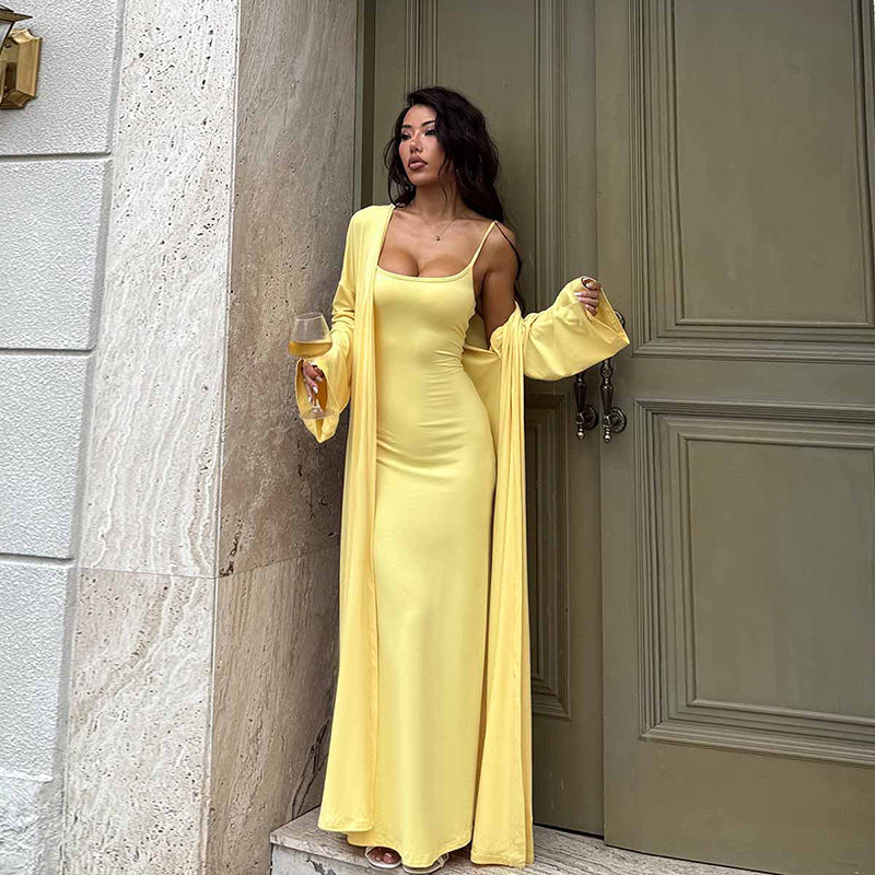 Solid Bodycon Maxi Dress and Long Cardigan Two-Piece Set