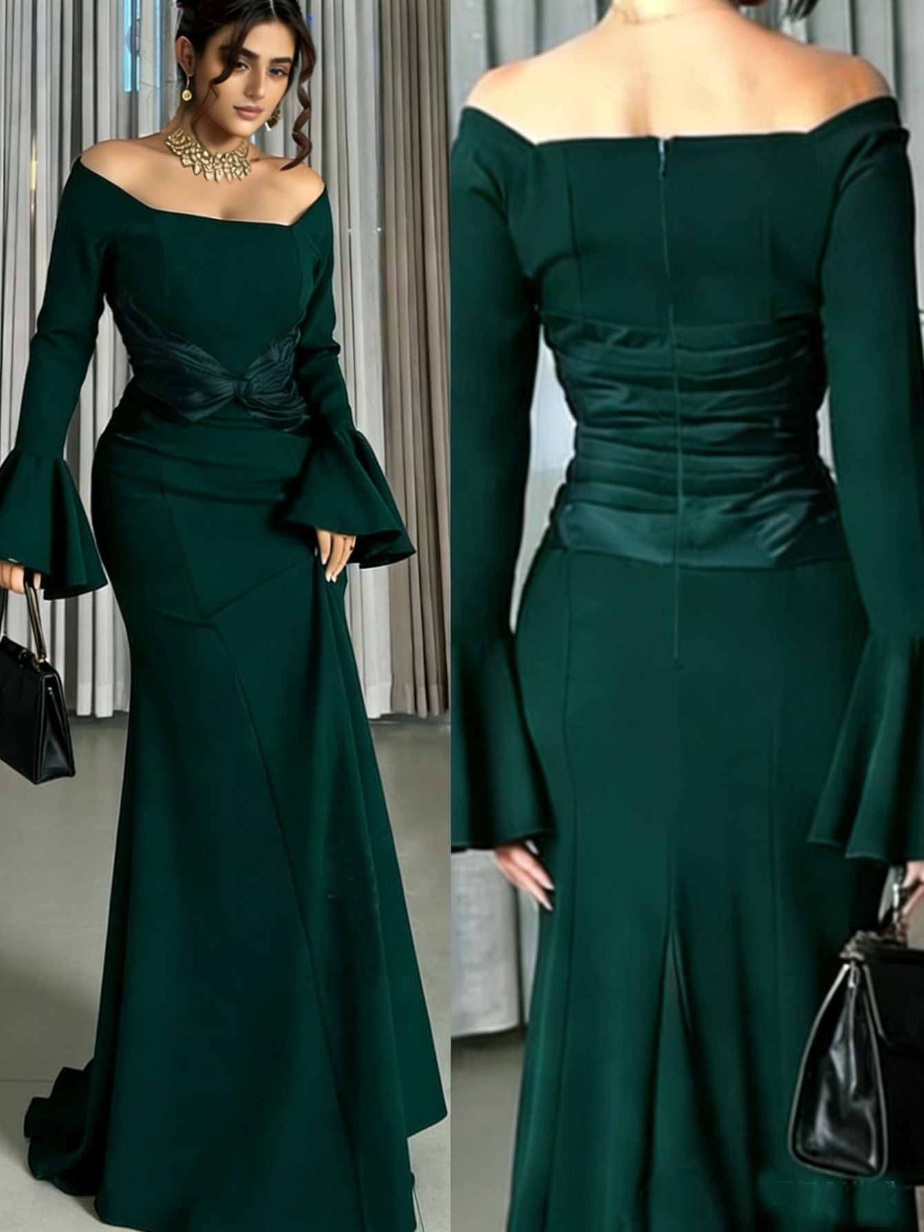 Off-Shoulder Maxi Dress with Bell Sleeves and Twisted Waist
