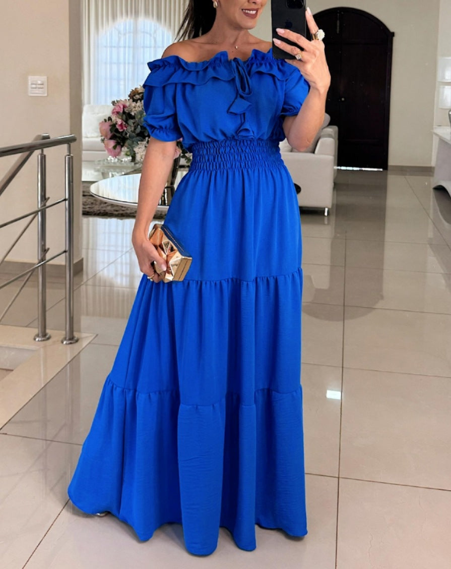 Tiered Maxi Dress with Off-Shoulder Ruffle Neck and Shirred Waist