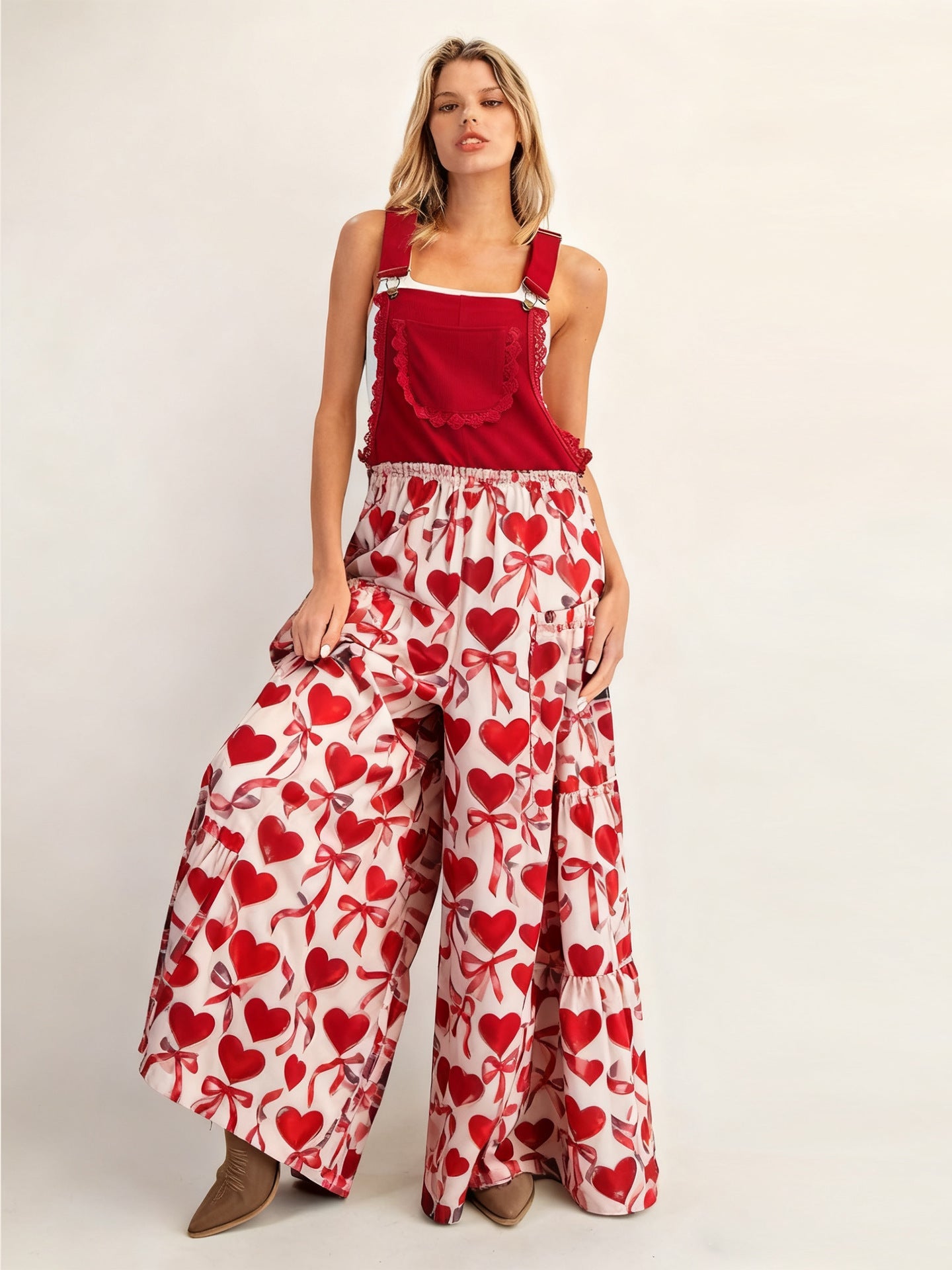 Tiered Heart Print Wide-Leg Overalls with Bib Front