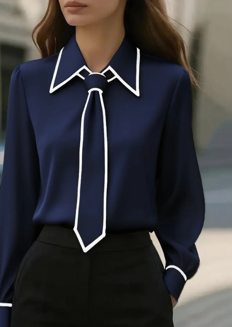 Solid Long Sleeve Blouse with Outlined Tie and Collar