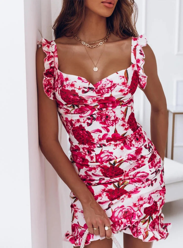 Sheath Floral Dress with V-Neck and Ruffle Sleeves