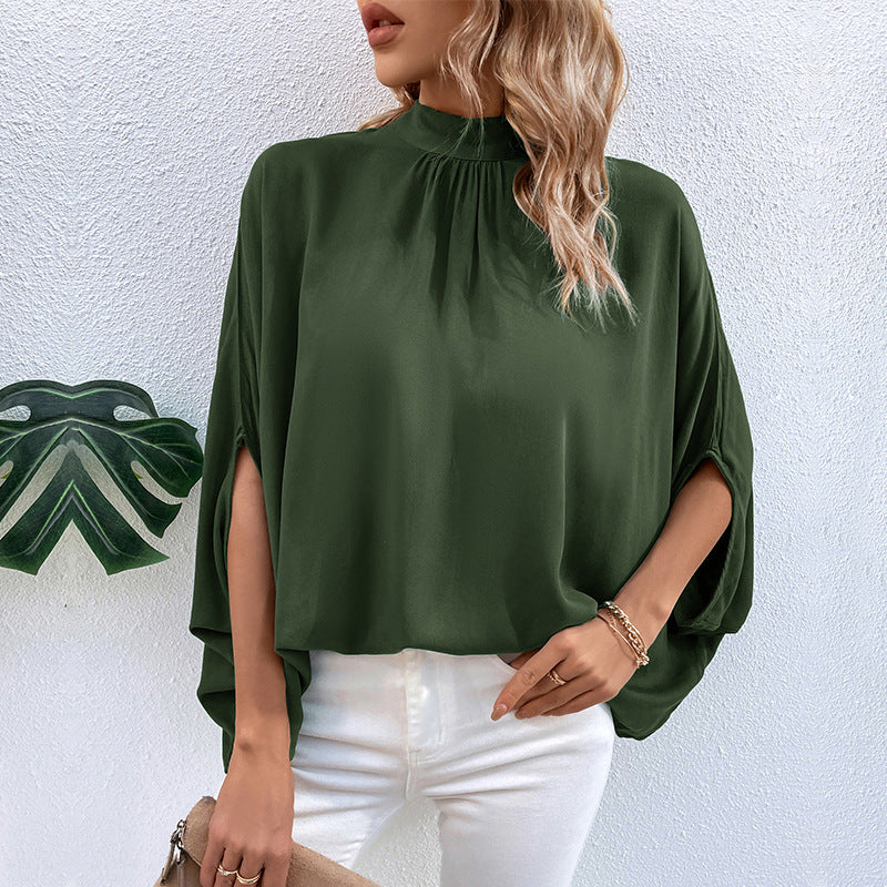 Solid Loose Blouse with Batwing Sleeves and Gathered Mock Neck