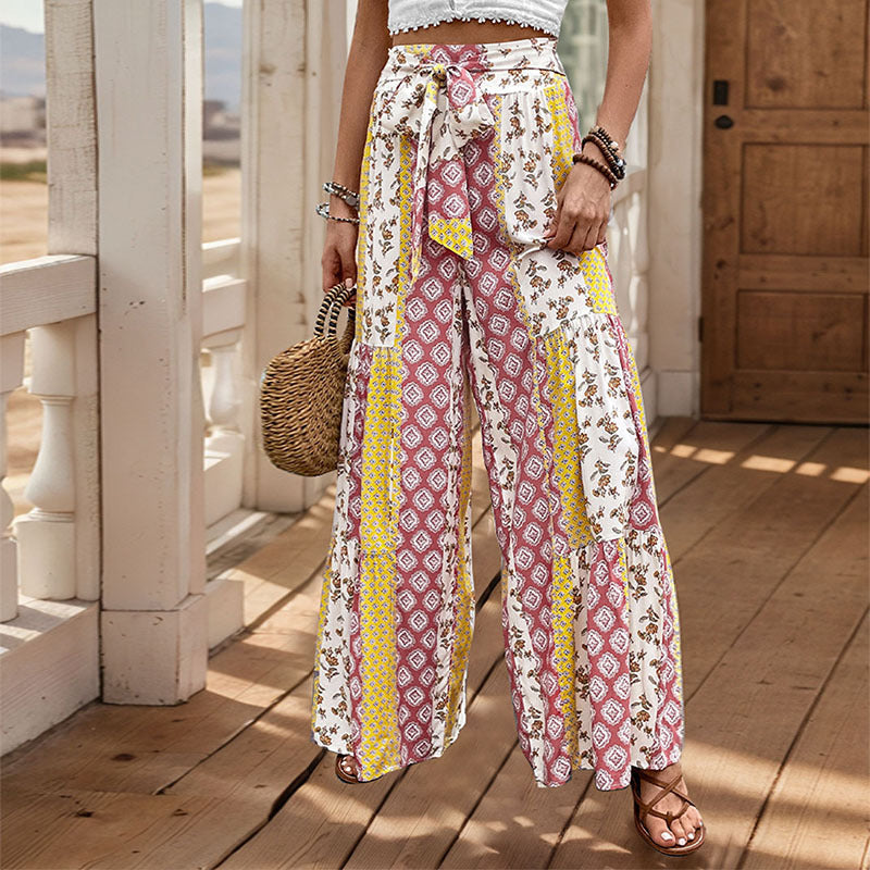 Floral Print Wide-Leg Pants with Tiered Hem and Tie-Waist