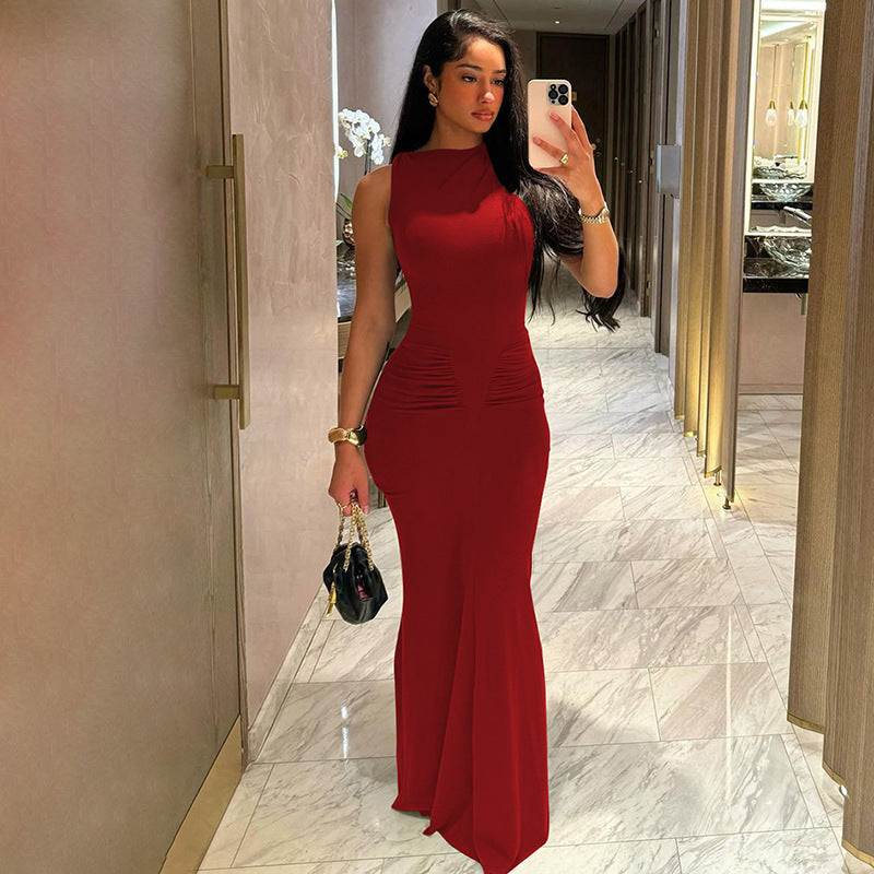 Sleeveless Bodycon Maxi Dress with Ruched Waist Detail