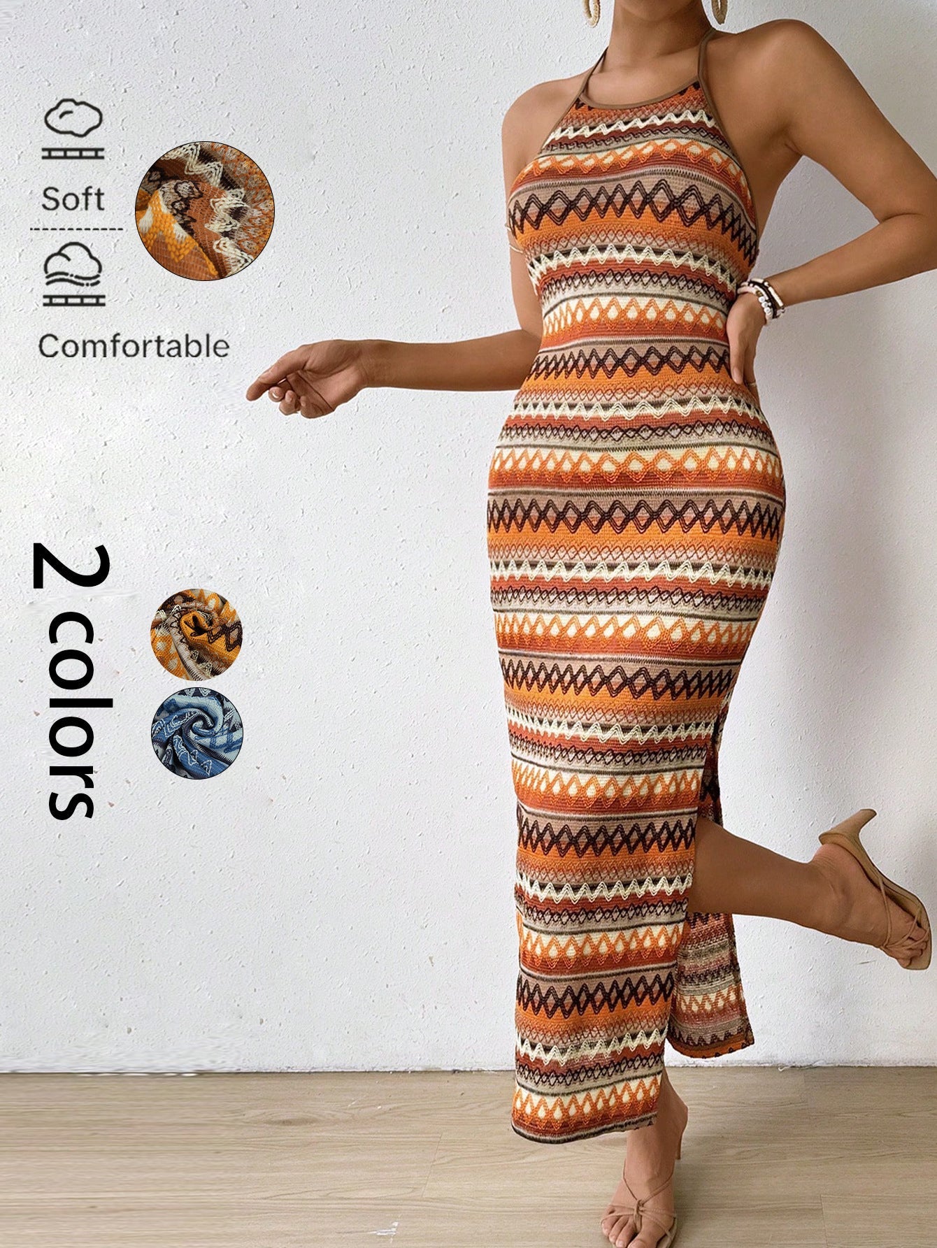 Geometric Print Halter Midi Dress with Side Slit