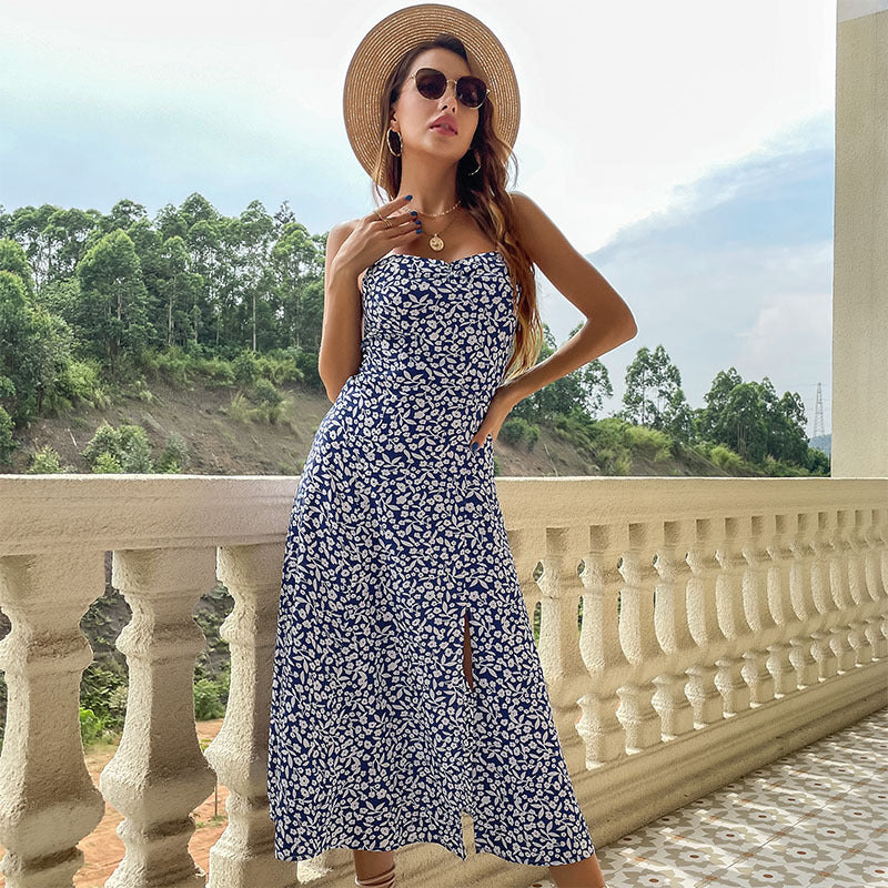 Floral A-Line Midi Dress with High Slit and Camisole Straps