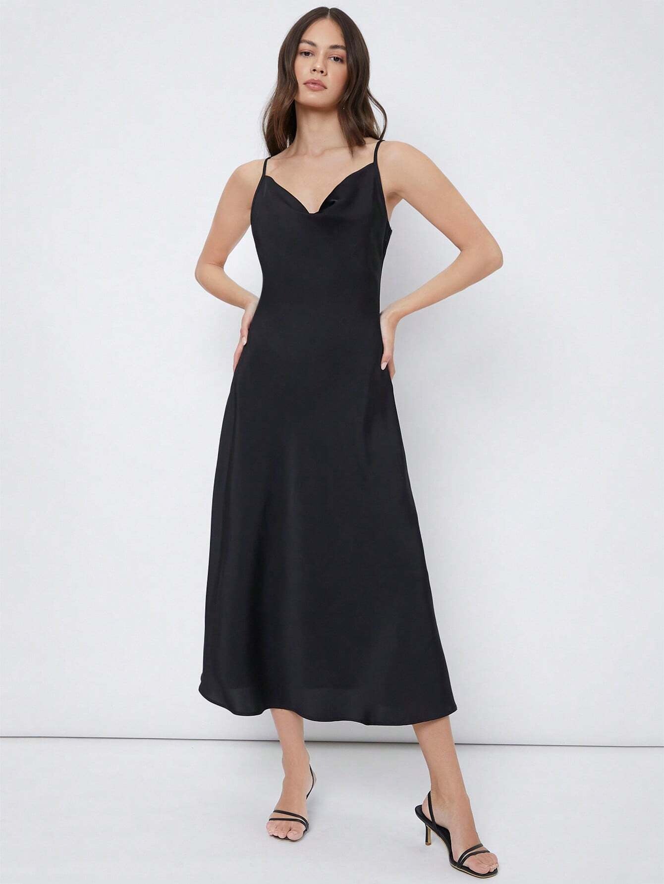 Champagne Satin Midi Slip Dress with Cowl Neck