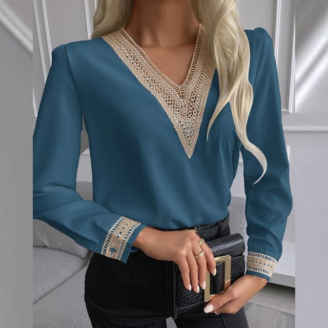 Solid Blouse with Lace-Trimmed V-Neck and Cuffs