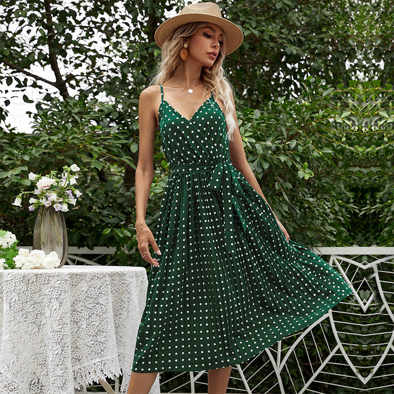Polka Dot Pleated Midi Dress with Spaghetti Straps and Tie-Waist