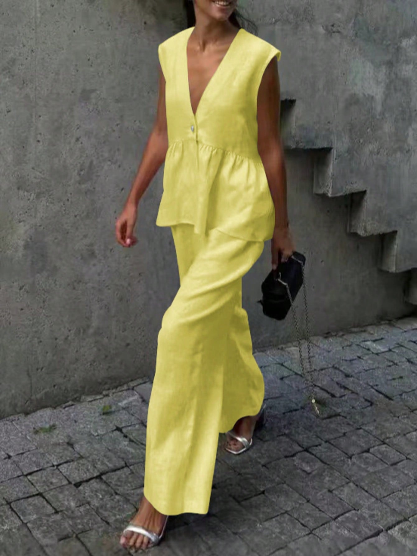 Sleeveless V-Neck Peplum Top and Wide-Leg Pants Set