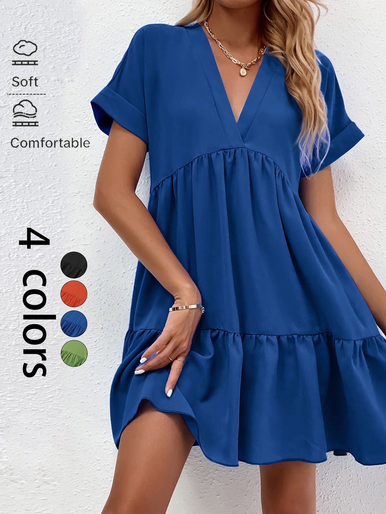 Tiered Babydoll Mini Dress with V-Neck and Short Sleeves