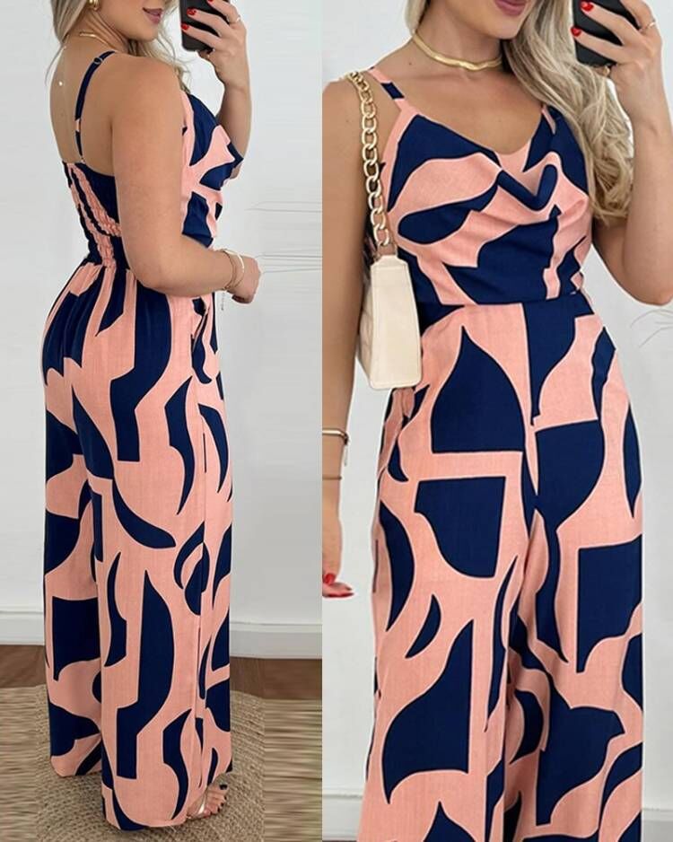 Floral Print Wide-Leg Jumpsuit with Cowl Neck