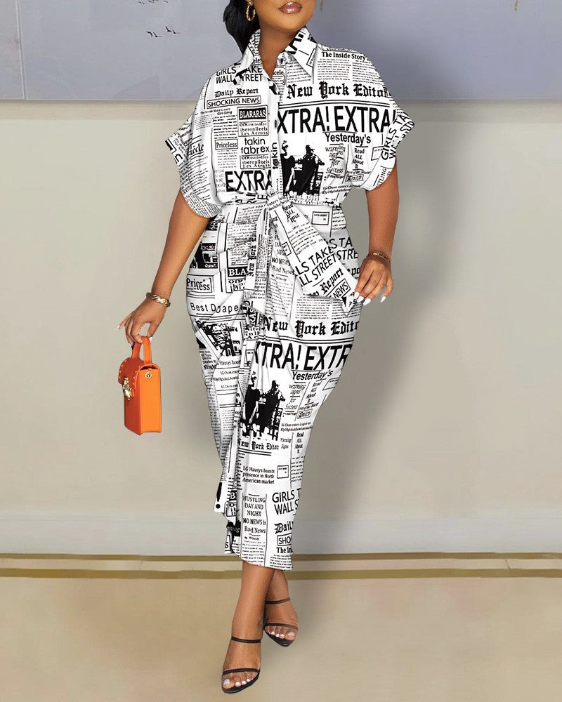 Printed Shirt Dress with Short Sleeves and Tie-Waist
