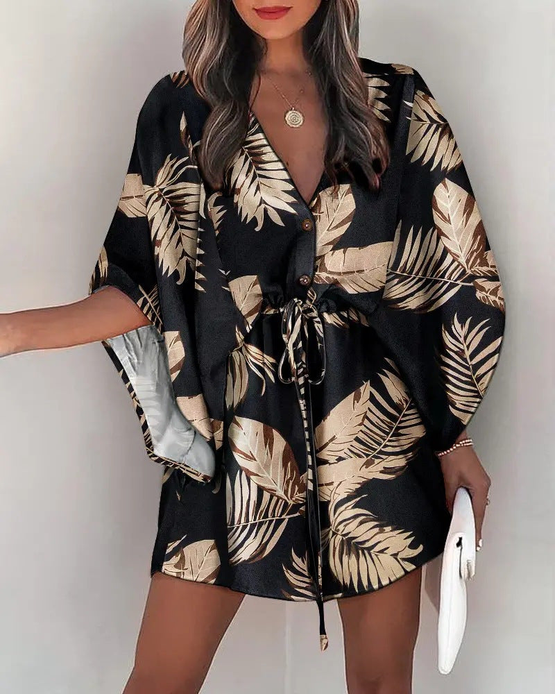 Printed Mini Dress with Bat Sleeves and Drawstring Waist
