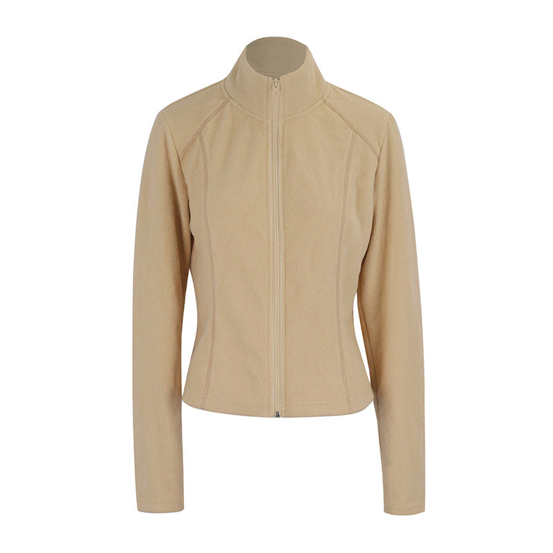Slim Fit Solid Color Fleece Jacket with Stand Collar