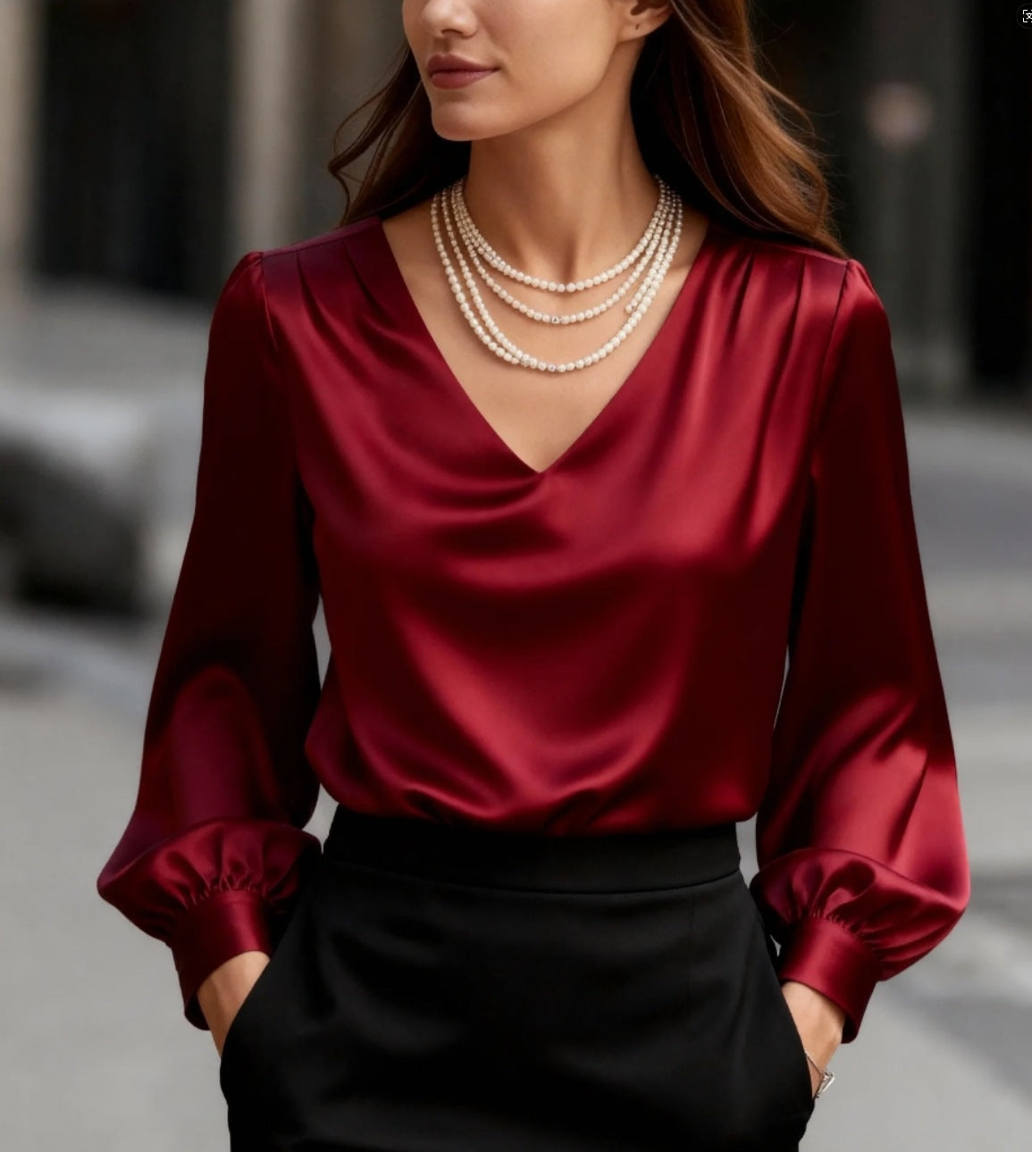 Solid Satin Blouse with V-Neck and Puff Sleeves