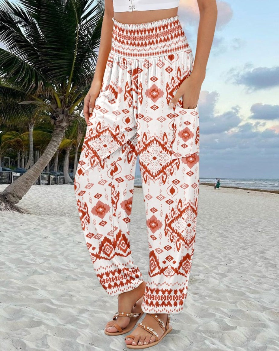 Bohemian Print Harem Pants with Smocked High Waist