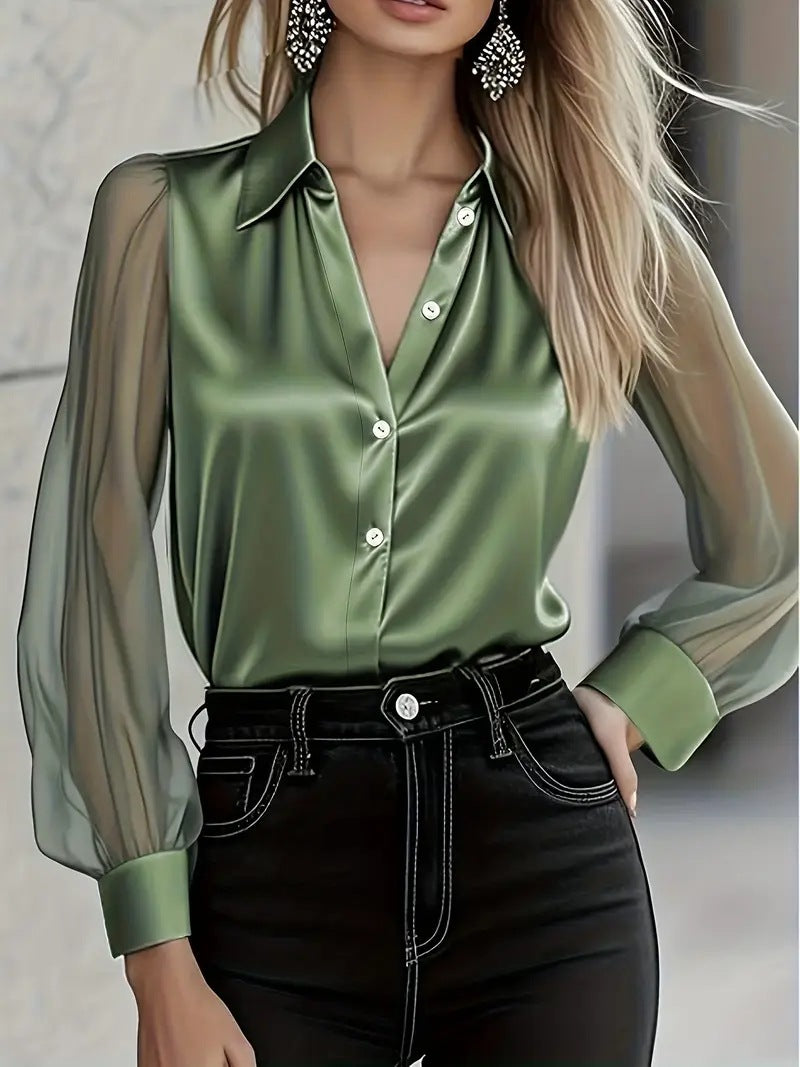 Solid Satin Blouse with Sheer Puff Sleeves and Lapel Collar