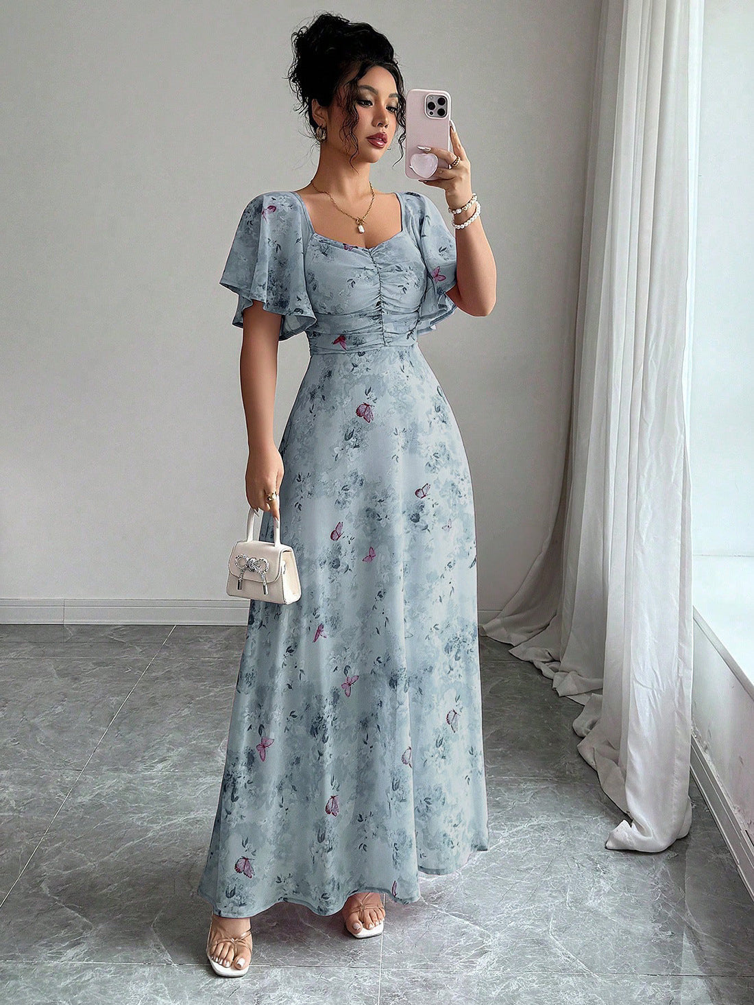 Floral Print Maxi Dress with Flutter Sleeves and Ruched Bust
