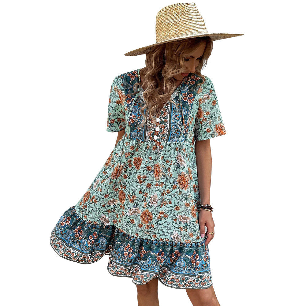 Floral A-Line Mini Dress with V-Neck and Lace-Up Detail