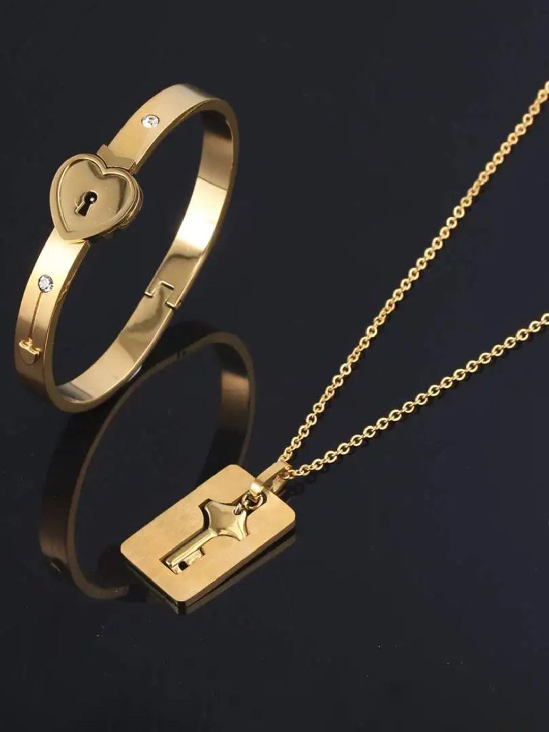 SALTY Stainless Steel Golden Lock & Key Love Bracelet & Necklace Set for Women & Girls