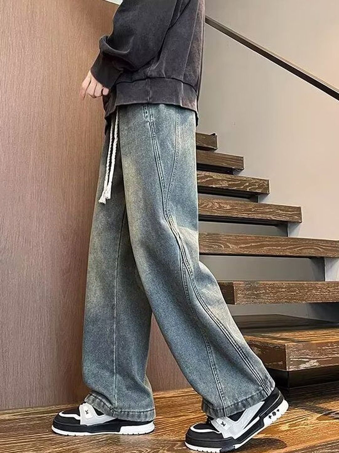 Men Wide Leg Mid-Rise Medium Shade Jeans