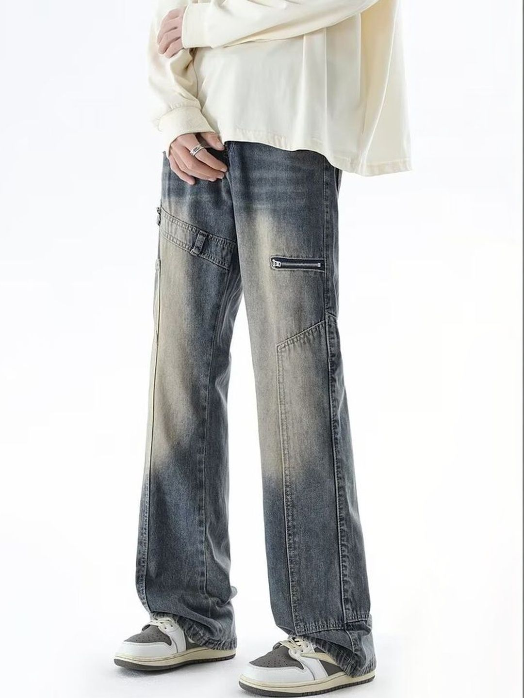 Men Wide Leg Mid-Rise Medium Shade Jeans