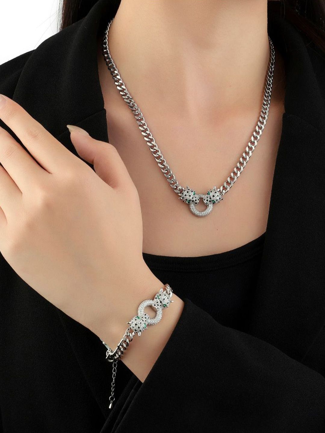 SALTY Amara Silver Plated Stones Studded Bracelet & Necklace