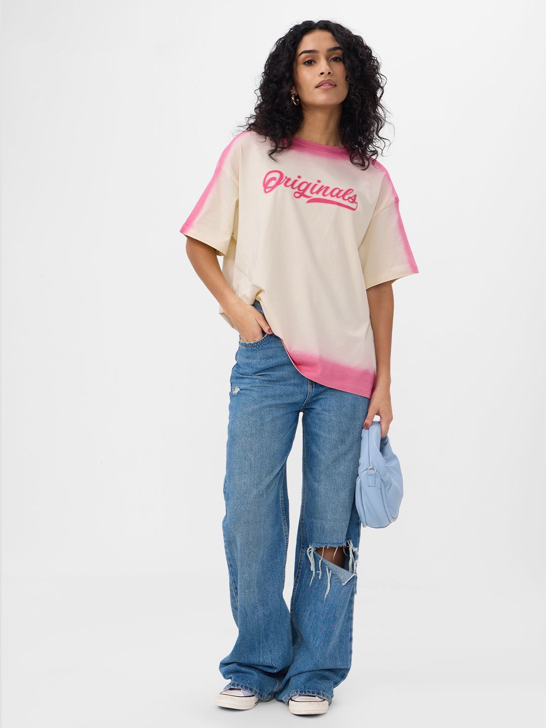 Women Oversized Fit Printed Cream T-Shirts