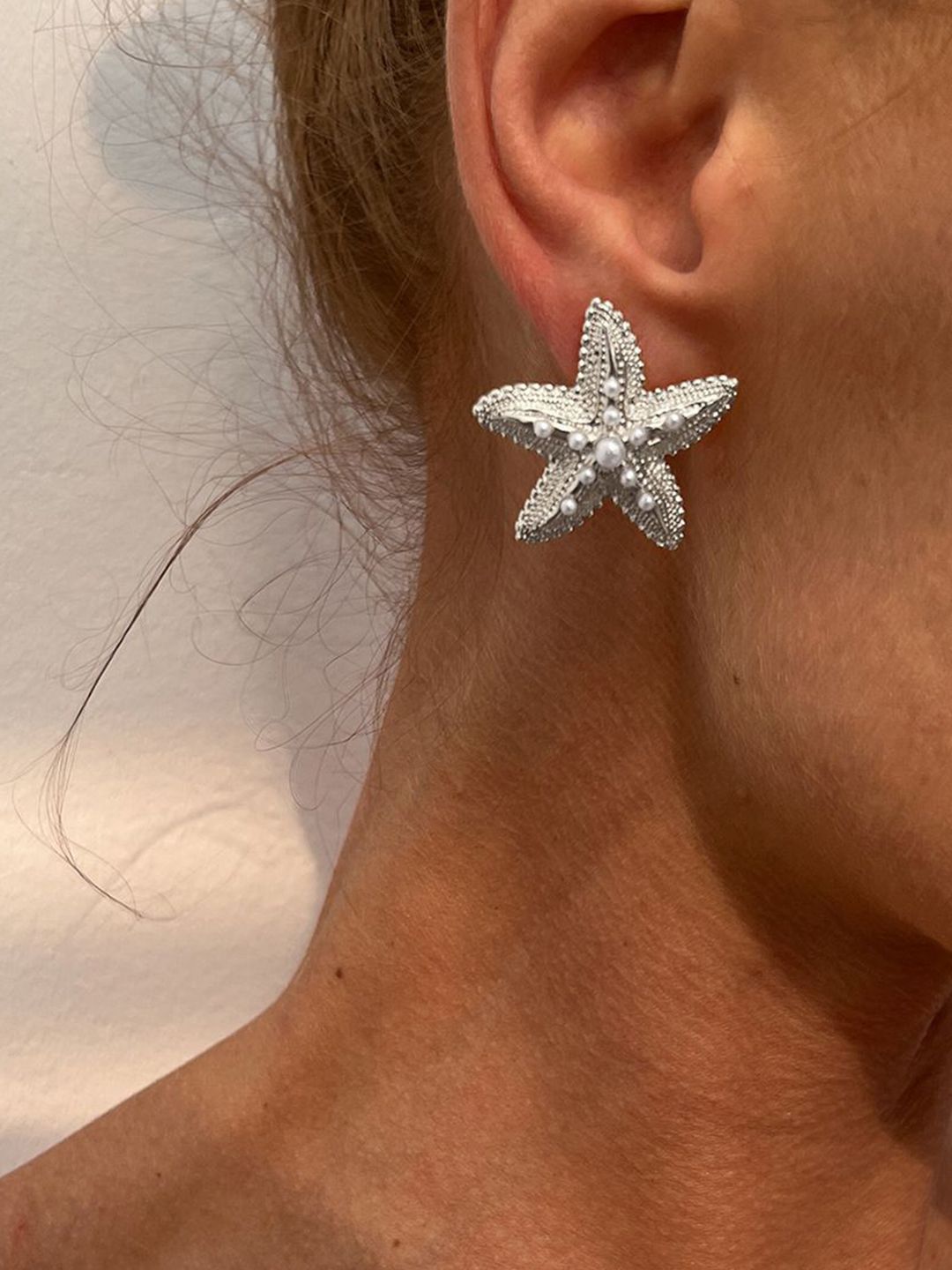 Silver-Plated Pearls Beaded Star Shaped Studs