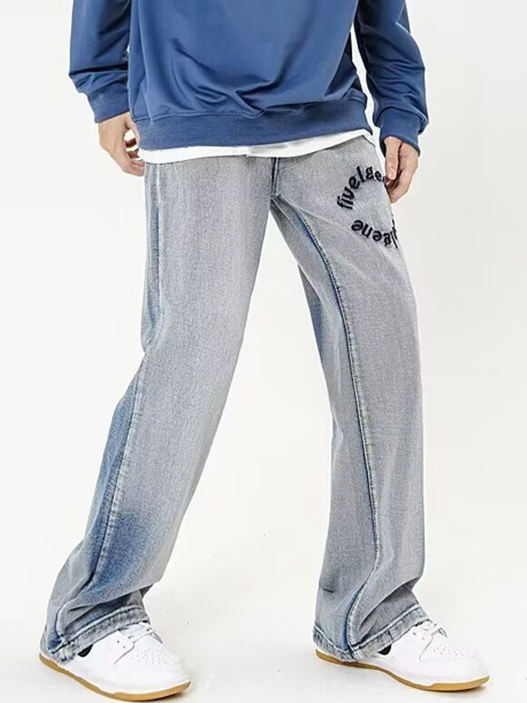 Men Wide Leg Mid-Rise Medium Shade Jeans