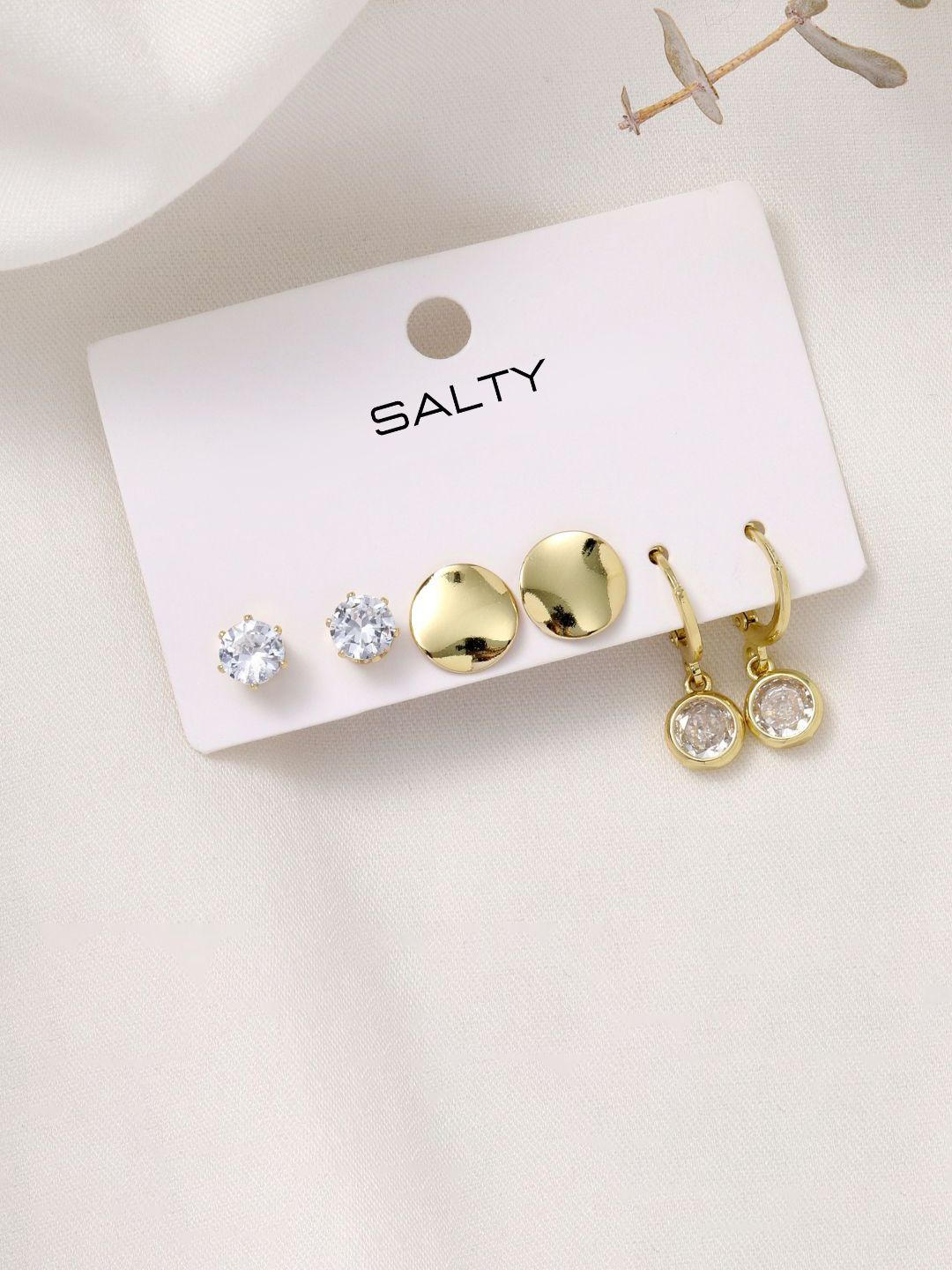 SALTY Gold-Plated Set Of 3 Contemporary Artificial Stone Studded Studs Earrings
