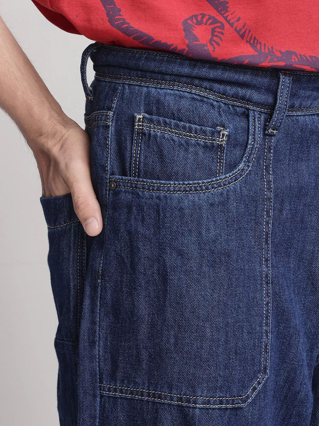 Mens Blue Plain Baggy Fit Mid Rise Casual Jeans