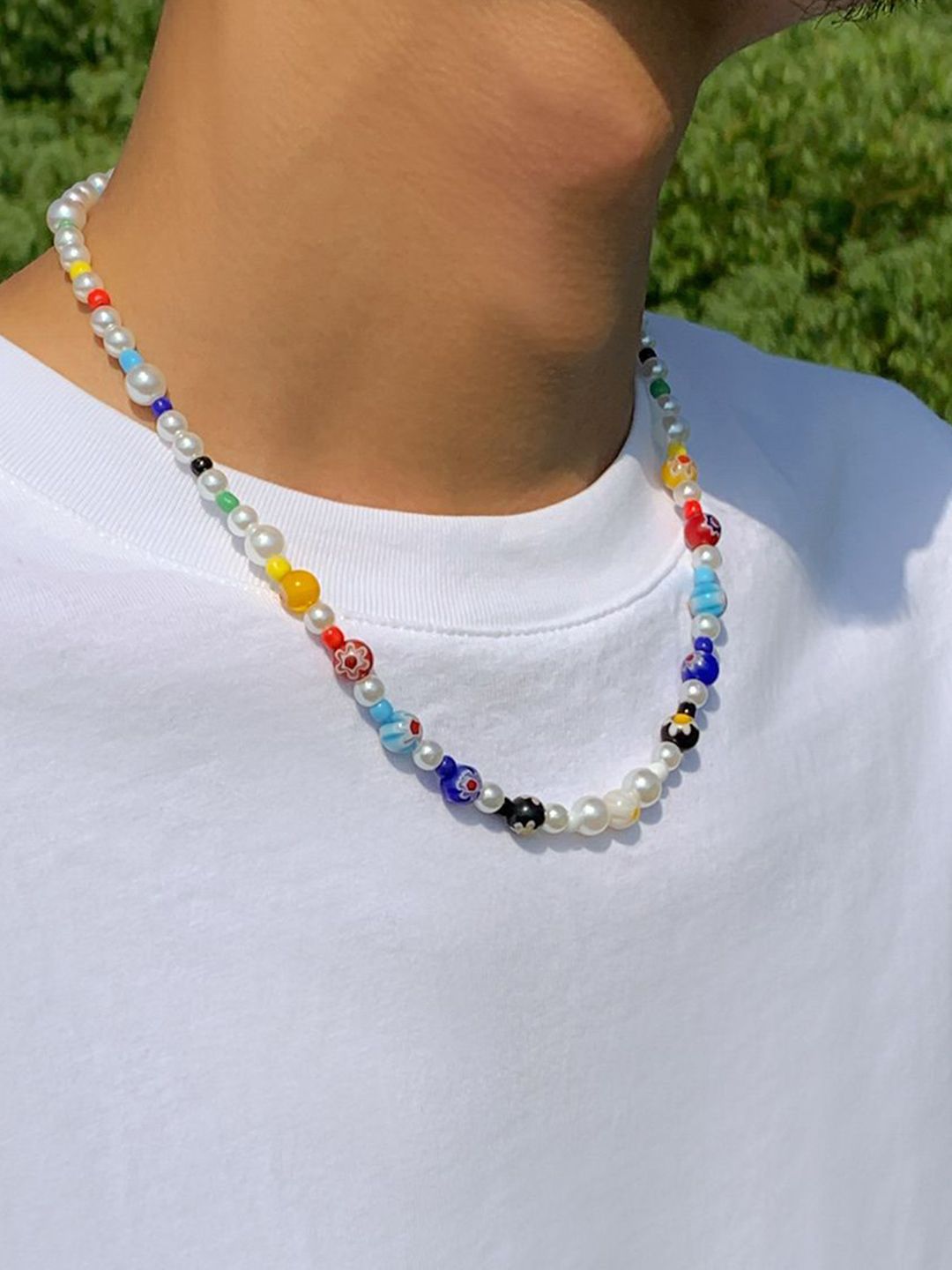 Silver-Plated Artificial Beaded Minimal Necklace