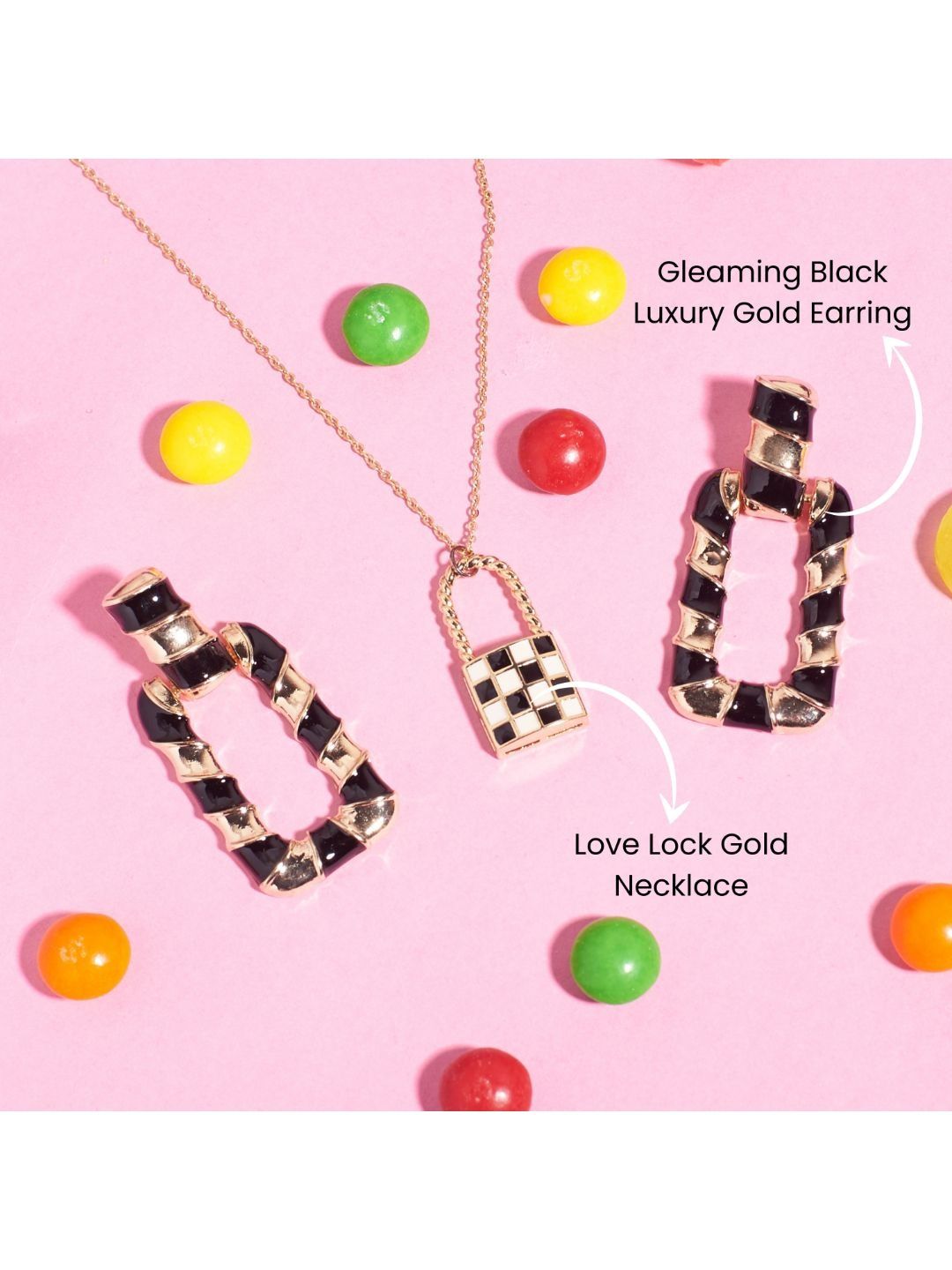SALTY Black & White Checked & Lock Retro Necklace & Earrings