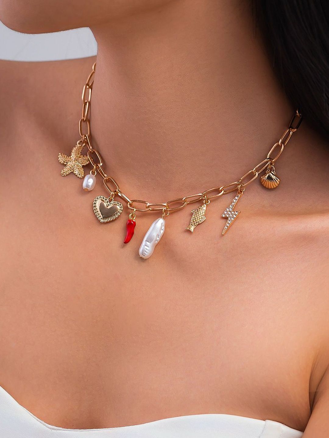 Gold-Plated Artificial Stones Studded & Beaded Statement Link Chain