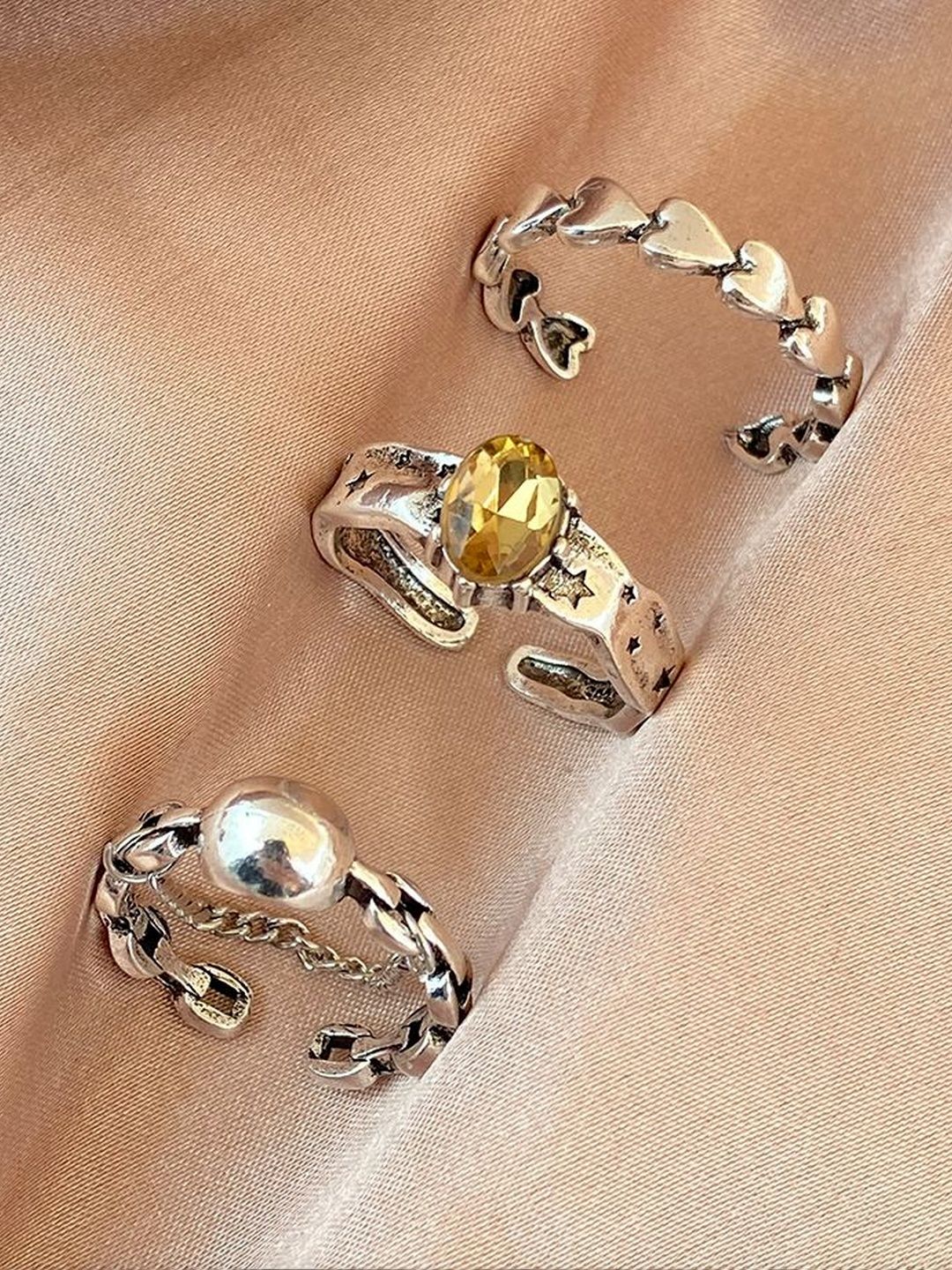 Set of 3 Silver-Plated Stone-Studded Finger Rings