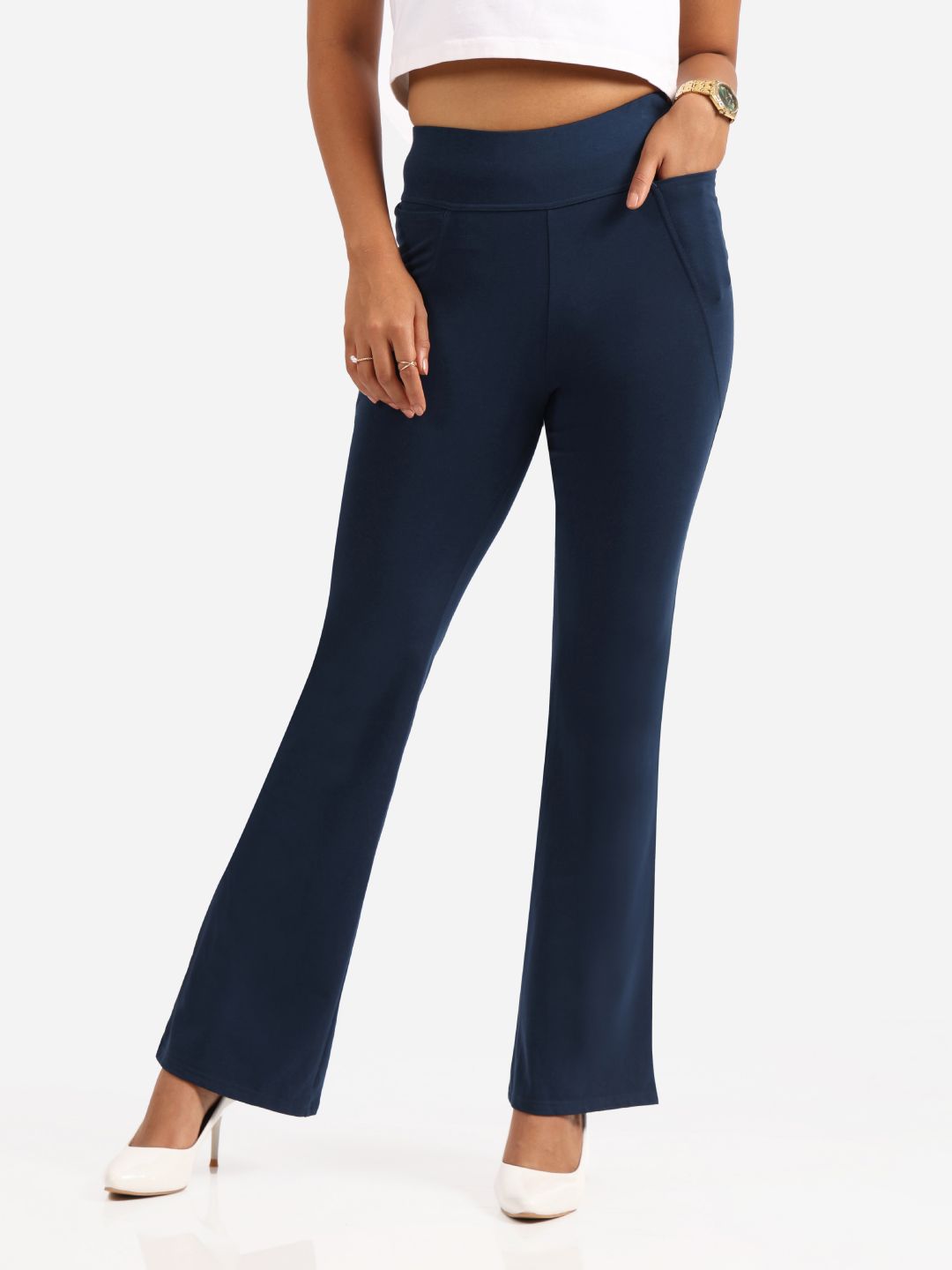 Women Waist Groove In Cotton Flare Track Pants
