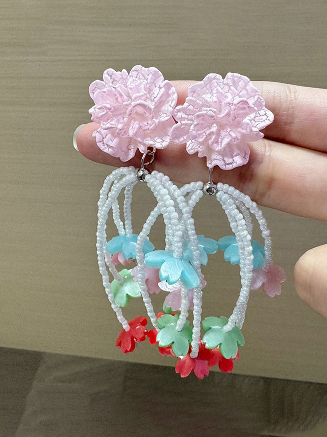 Artificial Beaded Floral Shaped Tasselled Drop Earrings