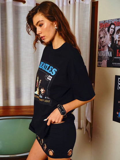 Women Typography Printed Extended Sleeves Applique T-shirt