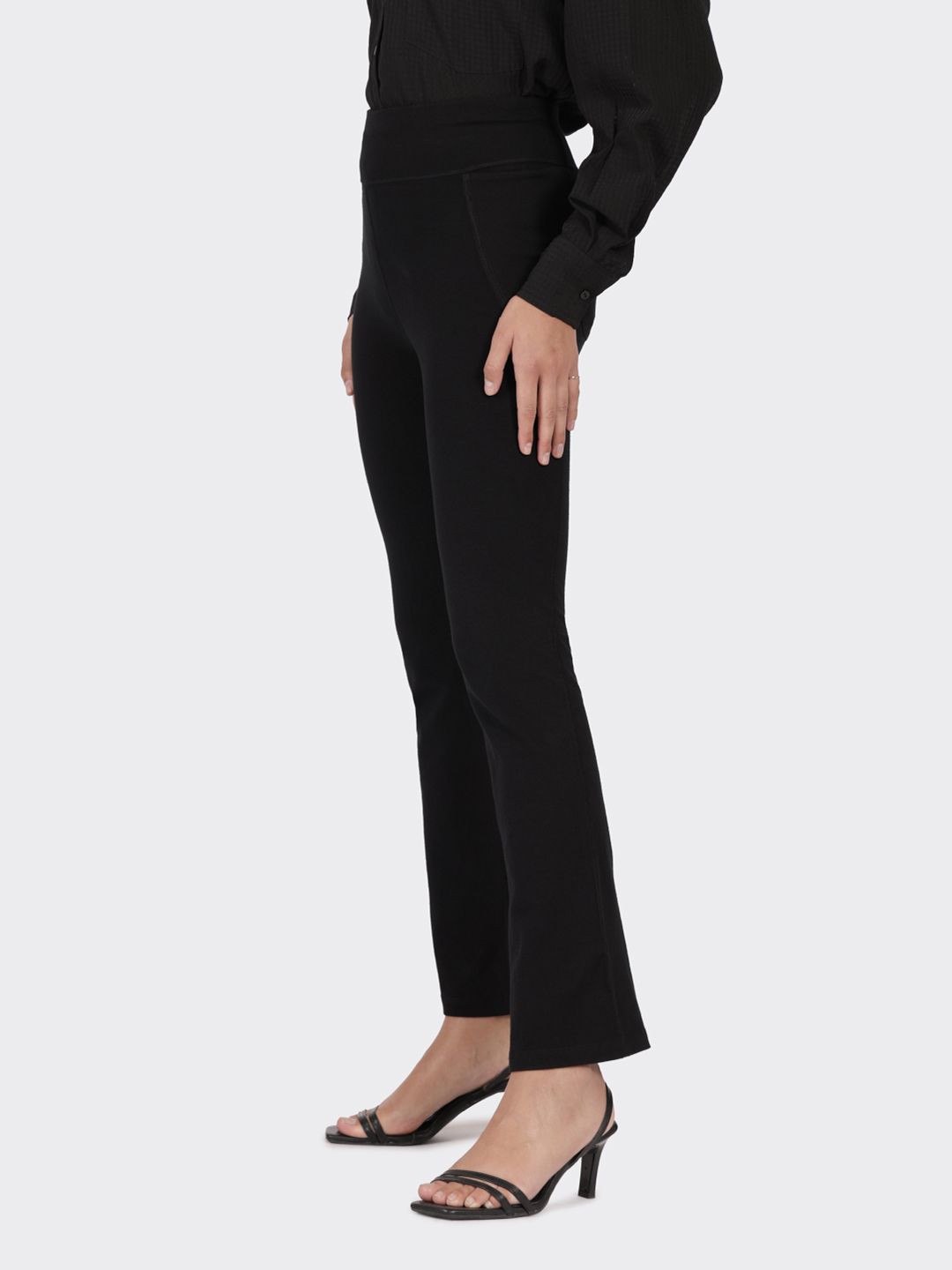 Women Black Tall High Waisted Cotton Flare Pants with Pockets