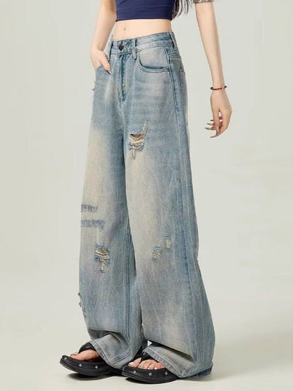 Women Wide Leg Mid-Rise Mildly Distressed Light Fade Jeans