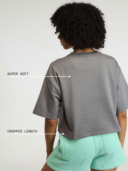Women Grey-Blue Pilates Core Cropped Cotton Boxy Tee