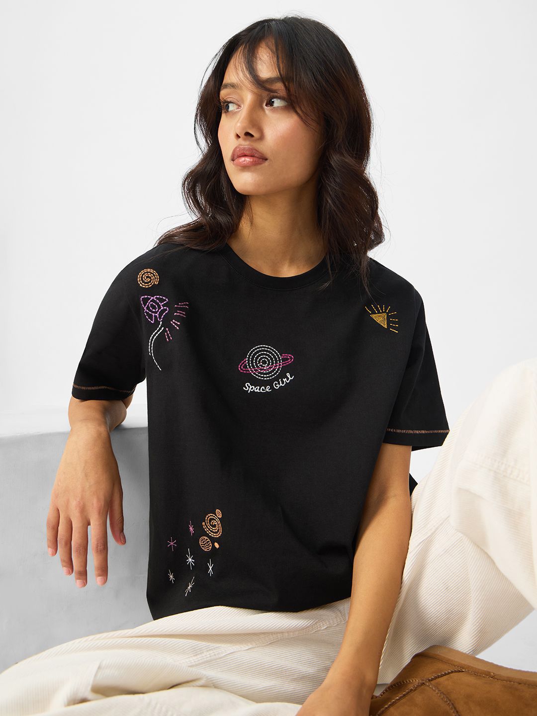 Women Relaxed Fit Printed Black T-Shirt