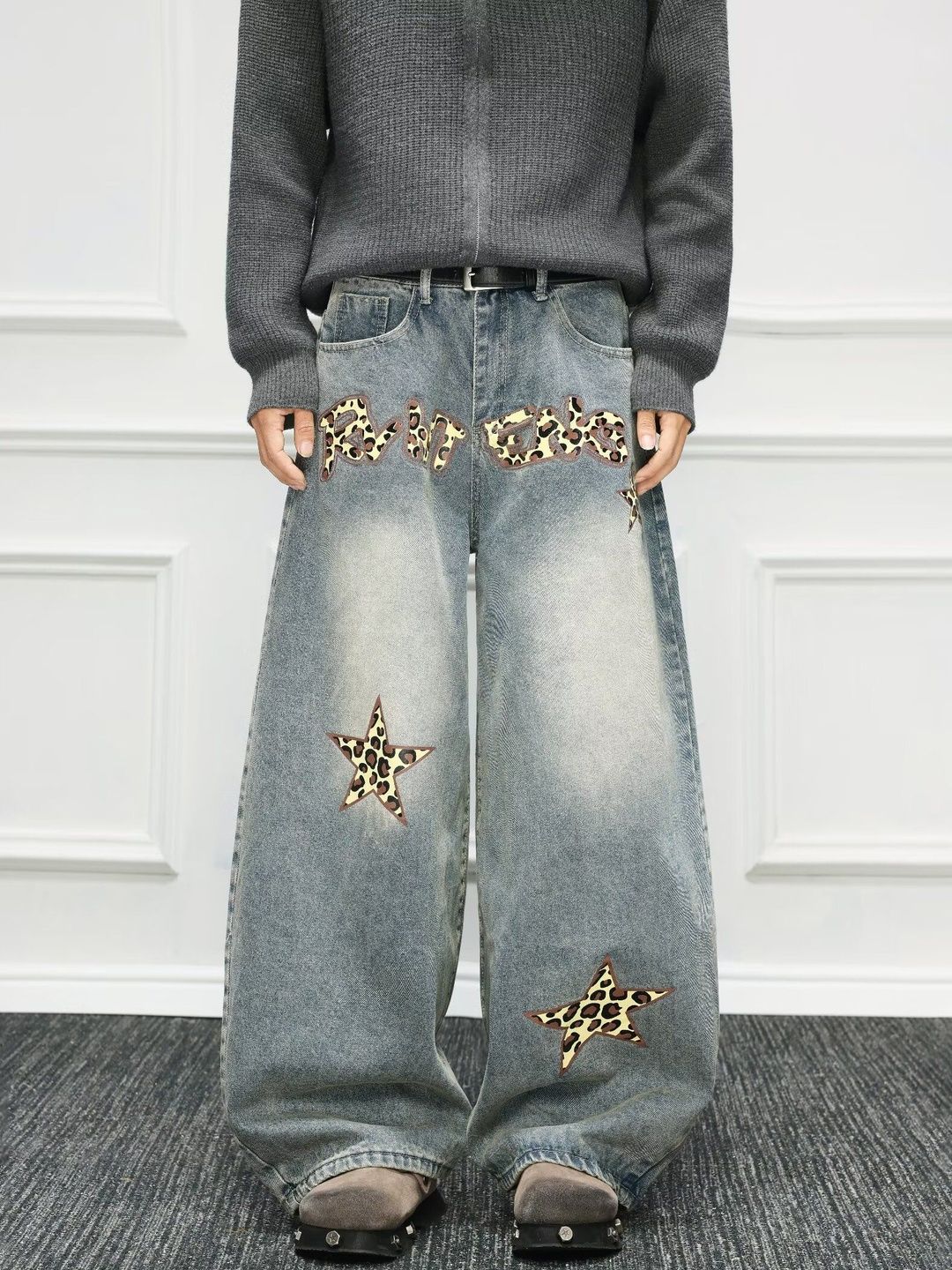 Men Wide Leg Mid-Rise Light Fade Printed Jeans
