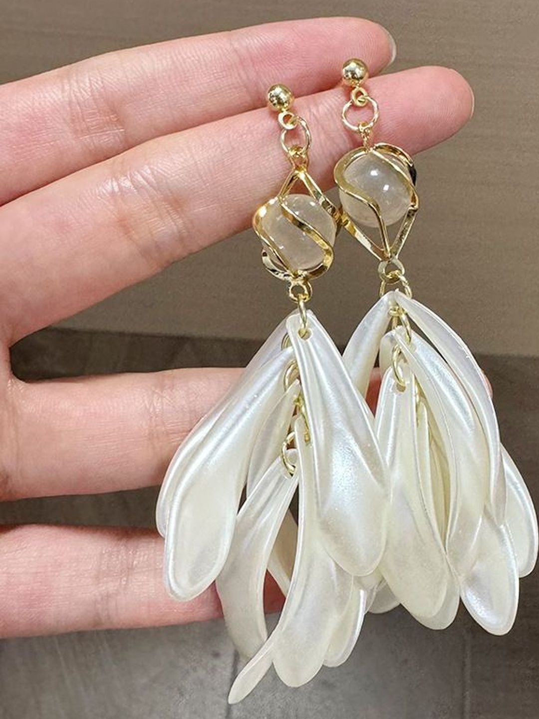 Gold-Plated Artificial Stones Studded Contemporary Drop Earrings