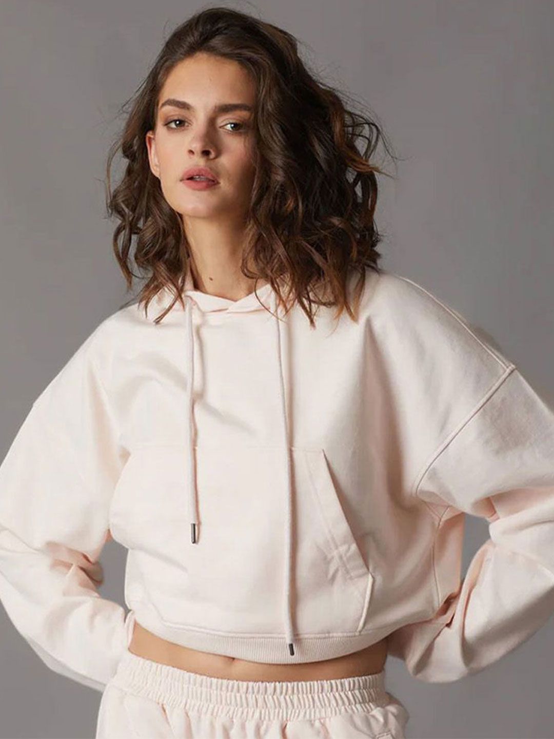Women Pink Crop Hoodie Sweatshirt