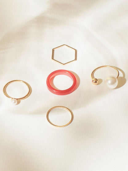 SALTY Set Of 5 Cherry Pearl Stylish Adjustable Finger Rings